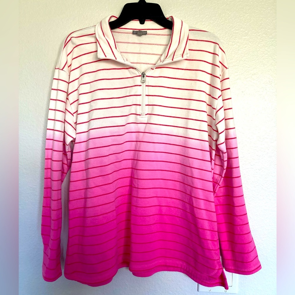 T by Talbots Half Zip Pullover Jacket Sweater Ombré Stripe Pink Women’s …
